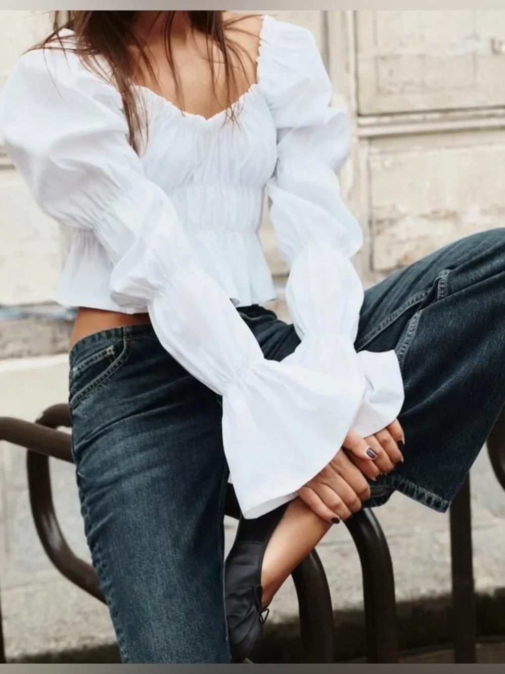 ZARA White Smocked Square-Neck Puff Sleeve Top - Size S/M - NEW
